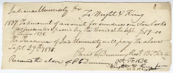 Receipt made out to King and Wright for $19.00, 5 October 1838: Page 1 of 2