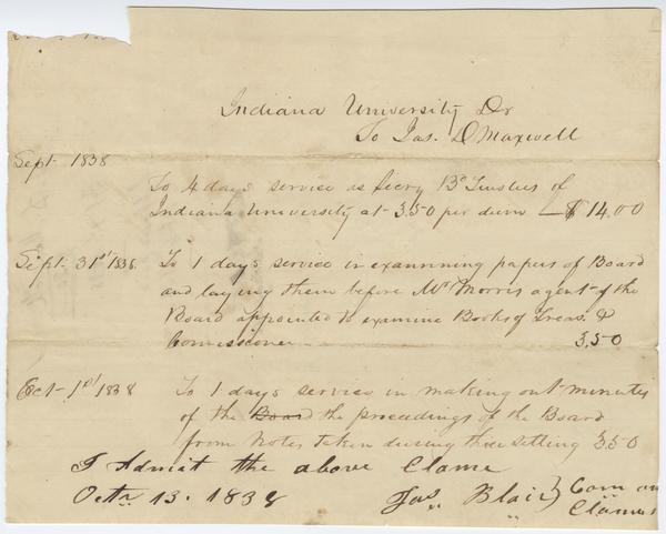 Receipt made out to James Maxwell in the amount of $21.00, 13 October 1838: Page 1 of 2