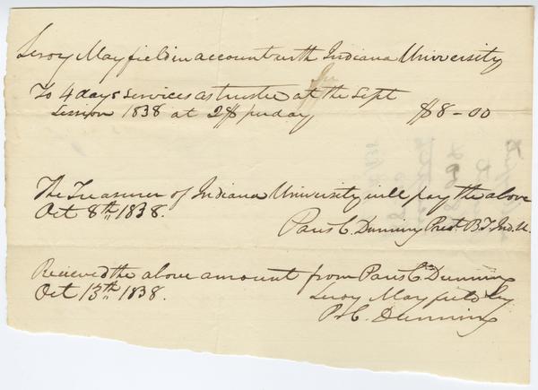 Receipt made out to Leroy Mayfield in the amount $8.00, 13 October 1838: Page 1 of 2