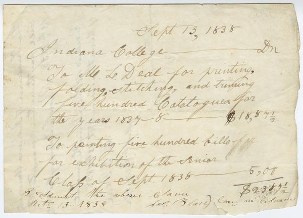 Receipt made out to M.L. Deal in the amount of $23.87, 13 October 1838: Page 1 of 2