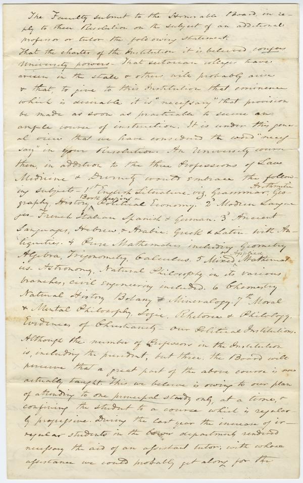 Report of the Faculty to the Board of Trustees "Relative to an increase of Professors" written by Andrew Wylie, circa Fall 1838: Page 1 of 4