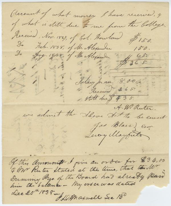 Receipt of payment to A.W. Ruter, 20 December 1838: Page 1 of 2