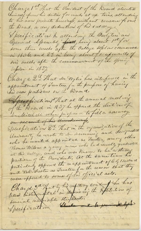"Charges made against Andrew Wylie by William C. Foster re. purchase of books, etc.," ca. 1838: Page 1 of 8