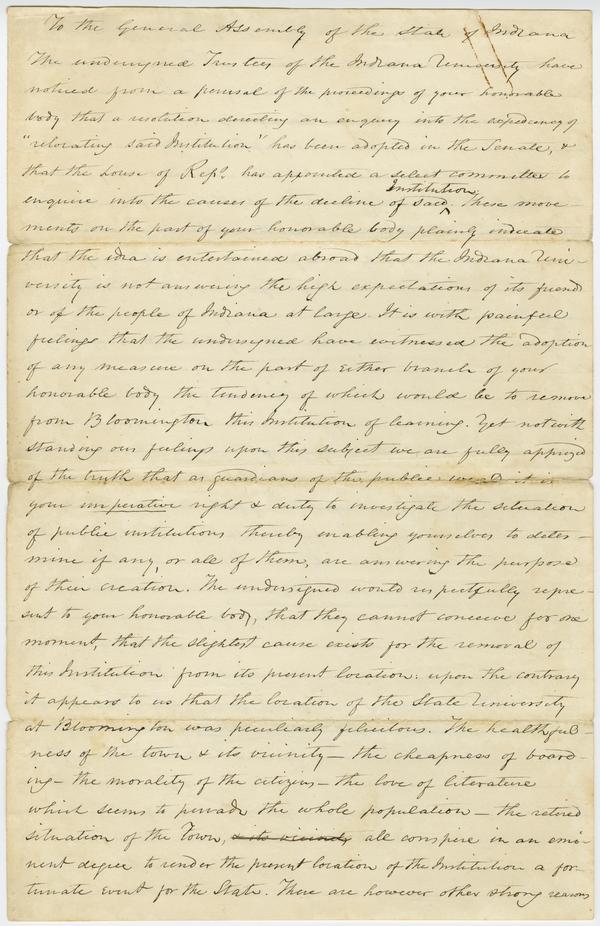 Petition from the IU Trustees to the General Assembly of the State regarding a resolution to relocate Indiana University, 8 January 1839: Page 1 of 4