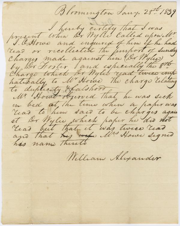 Investigation of Dr. Andrew Wylie - Testimony of William Alexander, "Document E," 28 January 1839: Page 1 of 2