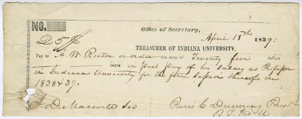 Receipt of payment to A.W. Ruter in the sum of $25.00, 18 April 1839: Page 1 of 2