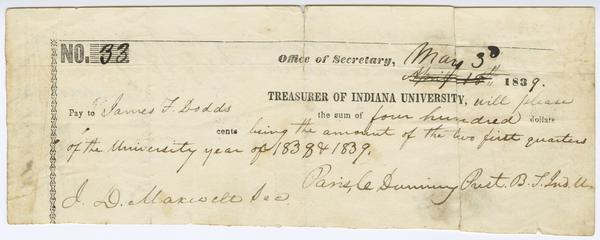 Receipt of payment to James F. Dodds in the sum of $400, 3 May 1839: Page 1 of 2