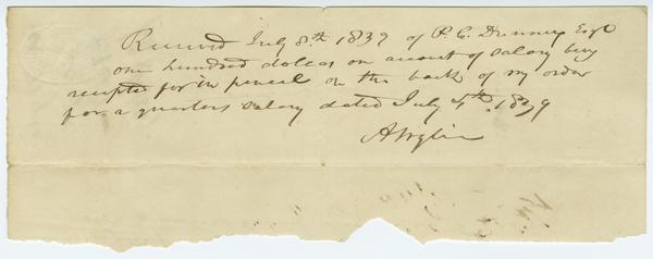 Receipt of payment to Andrew Wylie in the sum of $100, 8 July 1839: Page 1 of 2