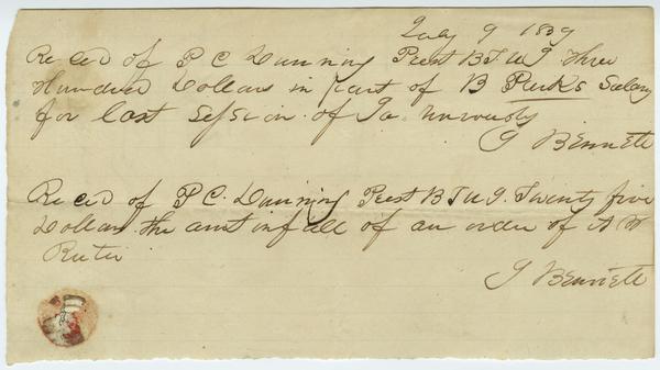 Receipt of payment to B. Parks in the sum of $100 and to A.W. Ruter in the sum of $25, 9 July 1839: Page 1 of 2