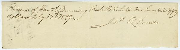 Receipt of payment to James F. Dodds for the sum of $150, 15 July 1839: Page 1 of 2