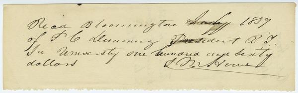 Receipt of payment to Mr. Howe in the sum of $160, July (?) 1839: Page 1 of 2