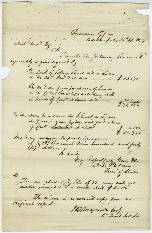 "Copy of Treasurer’s Report" submitted by James Maxwell to Nathaniel West, 20 September 1839: Page 1 of 2