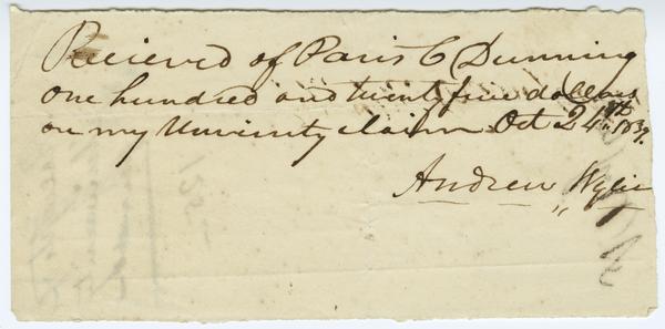 Receipt of payment to Andrew Wylie for the sum of $125, 24 October 1839: Page 1 of 2