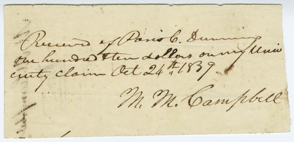 Receipt of payment to M.M. Campbell for the sum of $110, 24 October 1839: Page 1 of 2