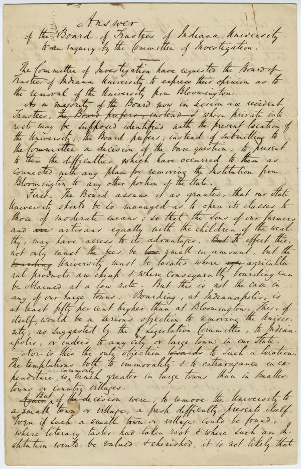 "Answer of the Board of Trustees of Indiana University to the enquiry by the Committee of Investigation" regarding relocating the institution, "No. 57," circa 1839-1840: Page 1 of 4