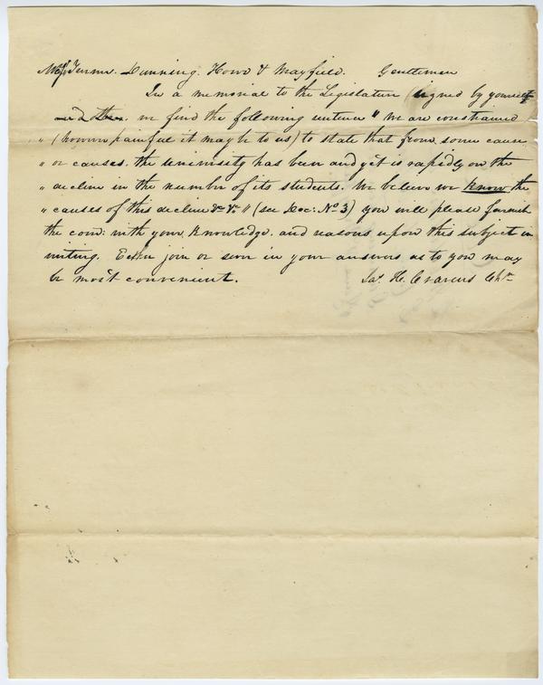 "Investigation of Dr. Andrew Wylie - James Cravens to Turner, Howe, Dunning, and Mayfield, regarding their petition, "Doc. C," ca. 1839-1840: Page 1 of 2