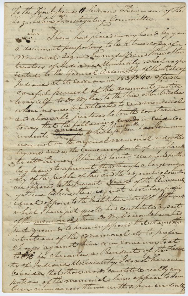 Investigation of Dr. Andrew Wylie - Letter to James Cravens from Paris Dunning, "Doc. D," circa 1839-1840: Page 1 of 6