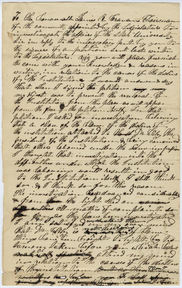 Investigation of Dr. Andrew Wylie - Letter to James Cravens from Mr. Turner (?) regarding 1838 petition, "Doc. S,"circa 1839-1840: Page 1 of 2