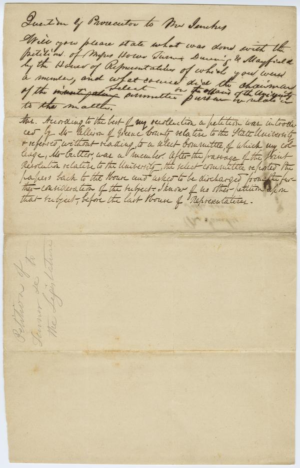 Investigation of Dr. Andrew Wylie - Mr. Jenskes (?) Testimony, circa 1839-1840: Page 1 of 2
