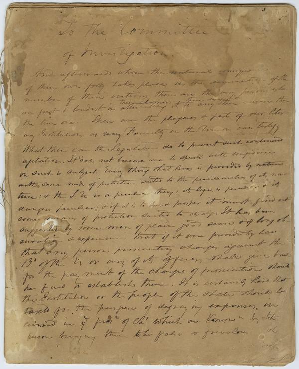 "To the Committee of Investigation," regarding declining enrollment of the University, circa 1839-1840: Page 1 of 45