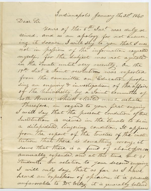 Investigation of Dr. Andrew Wylie - John Hargrove to John A. Clement regarding the state of the University and general opinion of Andrew Wylie, 21 January 1840: Page 1 of 3