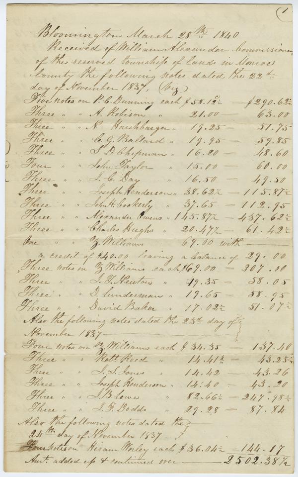 "Received of William Alexander Commissioner of the Reserved Township of Lands in Monroe County the Following Notes Dated the 22nd day of November 1837" submitted by John Berry, Commissioner, "D," 28 March 1840: Page 1 of 4