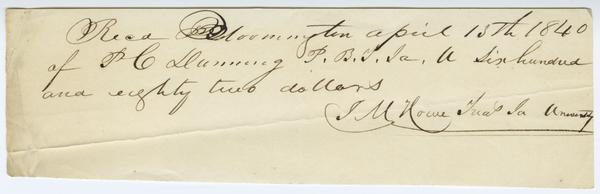 Receipt for payment to J.M. Howe for the sum of $682, 13 April 1840: Page 1 of 1