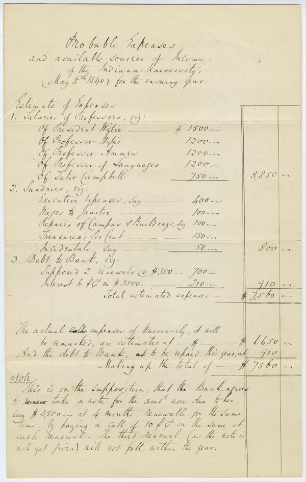 "Probable expenses and available sources of income of the Indiana University for the ensuing year" Submitted by the Finance Committee, 5 May 1840: Page 1 of 3