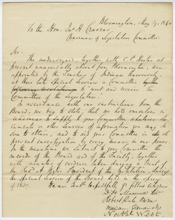 Investigation of Dr. Andrew Wylie – Letter to John Cravens from David Maxwell, Robert Dale Owen, William Hendricks and Nathaniel West, "Doc. A," 19 May 1840 (?): Page 1 of 2