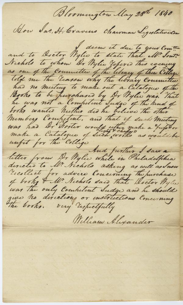 Investigation of Dr. Andrew Wylie, -William Alexander’s Testimony, 28 May 1840: Page 1 of 2