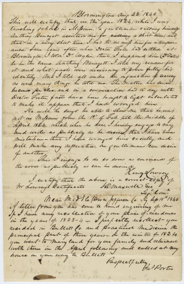 Investigation of Dr. Andrew Wylie - Henry Lowrey, James Porter, and George Markwell Testimonies, 22 August 1840 and 10 September 1840: Page 1 of 3