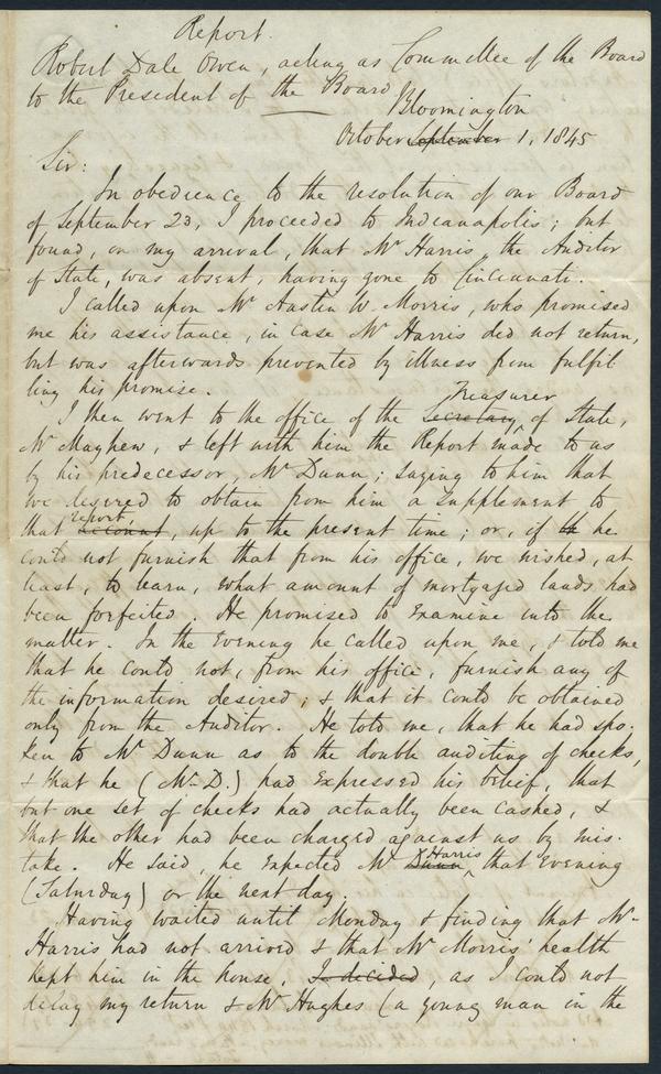 Report made by Robert Dale Owen to the David Maxwell, President of the Indiana University Board of Trustees, 1 October 1845: Page 1 of 4