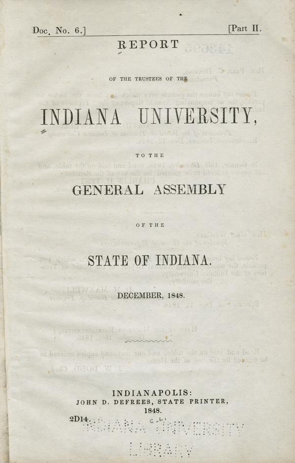 "Report of the Trustees of the Indiana University to the General Assembly of the State of Indiana," December 1848: Page 1 of 15