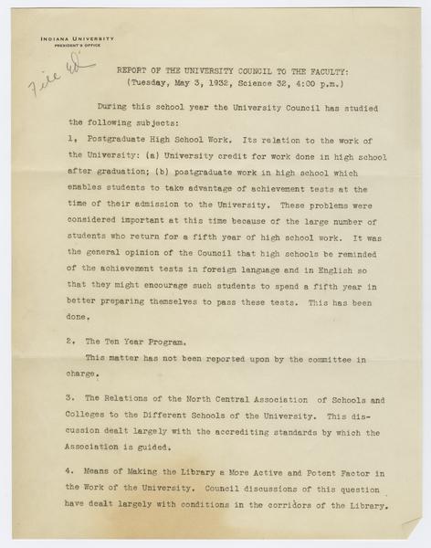 Indiana University Council records, 1929-1940, bulk 1930-1936. Report of the University Council to the Faculty, 03 May 1932. (Reports and recommendations, 1929-1940): Page 1 of 5