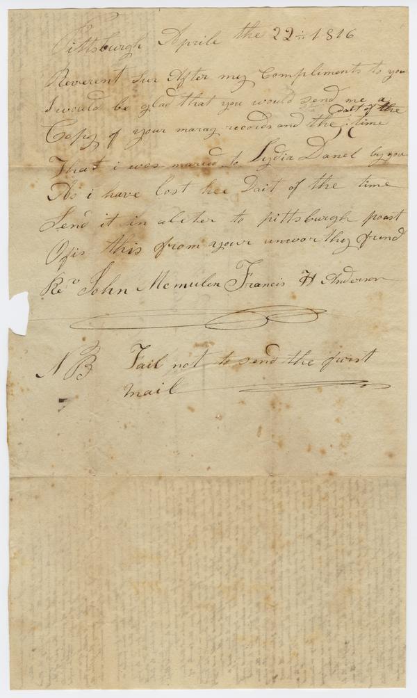 Francis H. Anderson to Rev. John McMulen, 22 April 1816: Page 1 of 2