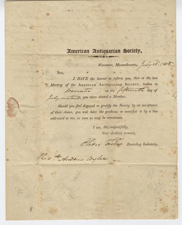 American Antiquarian Society to Andrew Wylie, 16 July 1815: Page 1 of 4