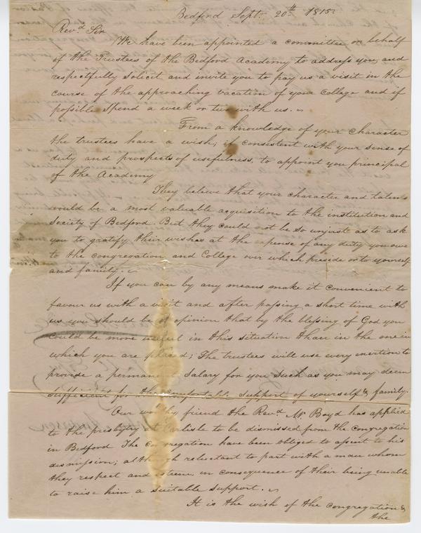 Bedford Academy to Andrew Wylie, 20 September 1815: Page 1 of 3