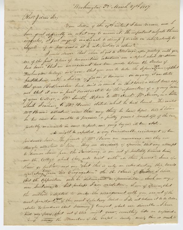 Thomas Hoge to Andrew Wylie, 27 March 1817: Page 1 of 3