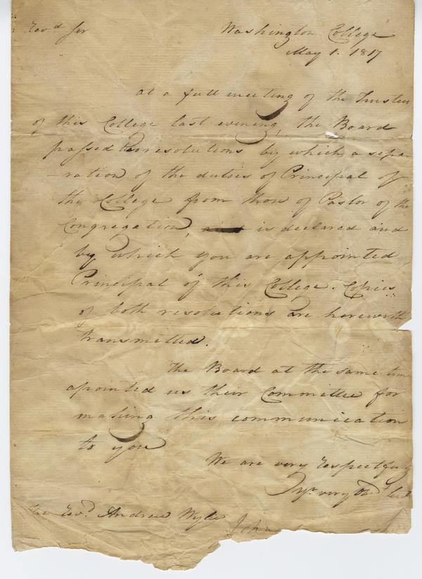 Washington College to Andrew Wylie, 1 May 1817: Page 1 of 2