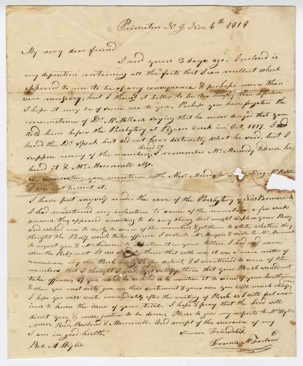 Francis McFarland to Andrew Wylie, 6 November 1818: Page 1 of 2