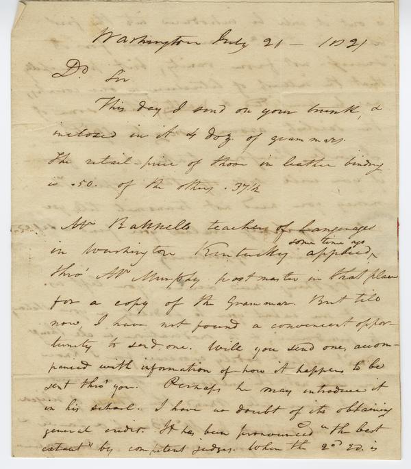 Andrew Wylie to William Holmes McGuffey, 20 July 1821: Page 1 of 3
