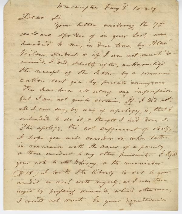 Andrew Wylie to William Holmes McGuffey, 3 January 1823: Page 1 of 4