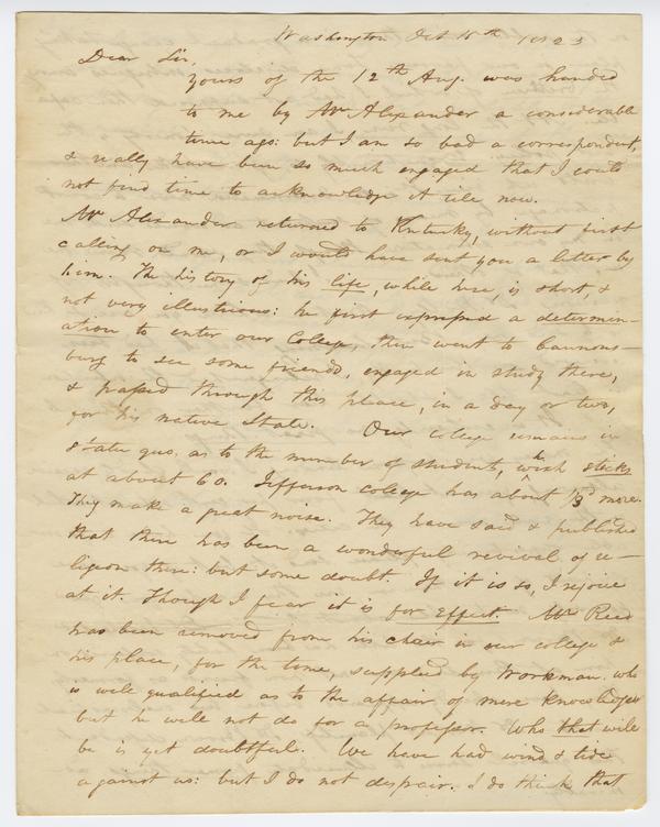 Andrew Wylie to William Holmes McGuffey, 15 October 1823: Page 1 of 4
