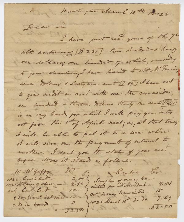 Andrew Wylie to William Holmes McGuffey, 18 March 1824: Page 1 of 4