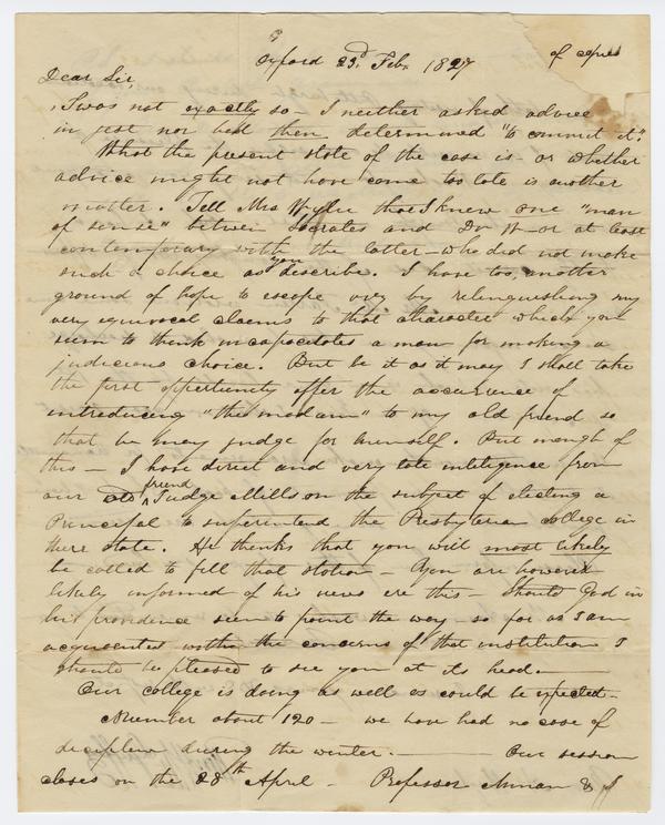 William Holmes McGuffey to Andrew Wylie, 23 February 1827: Page 1 of 4