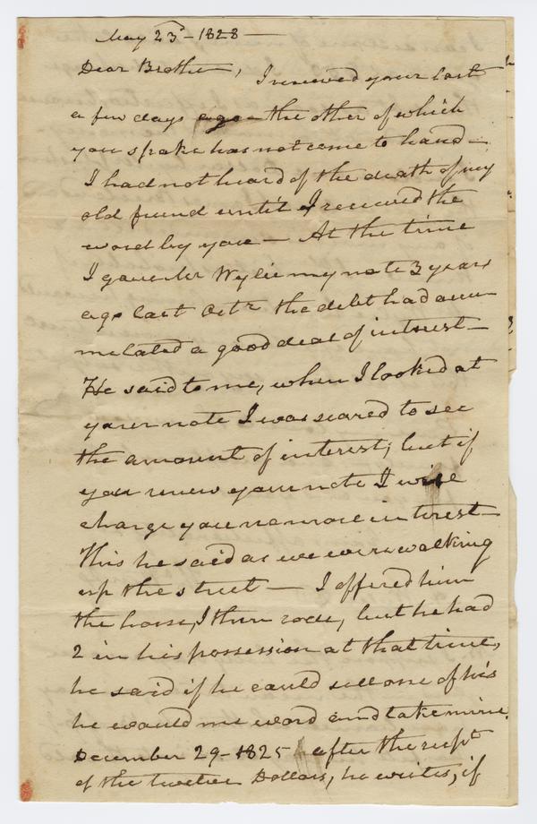 Rev. Thomas Hunt to Andrew Wylie, 23 May 1828: Page 1 of 4