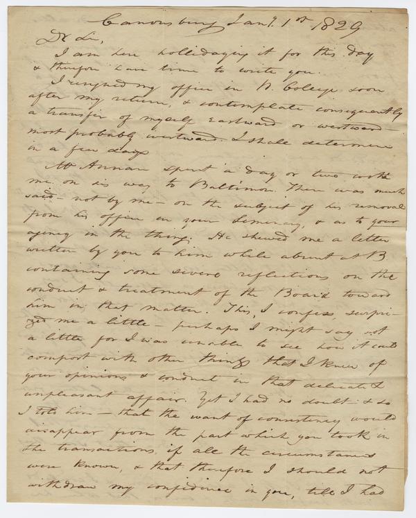 Andrew Wylie to William Holmes McGuffey, 9 January 1829: Page 1 of 4