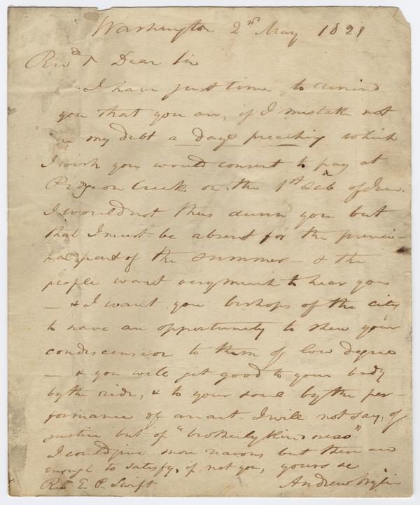 Andrew Wylie to Rev. E.P. Swift, 2 May 1829: Page 1 of 2