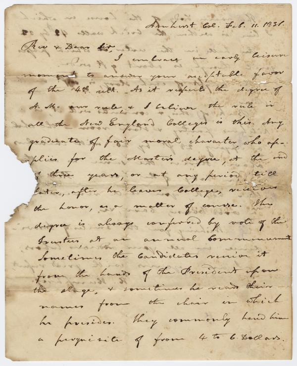 H. Humphrey to Andrew Wylie, 11 February 1831: Page 1 of 3
