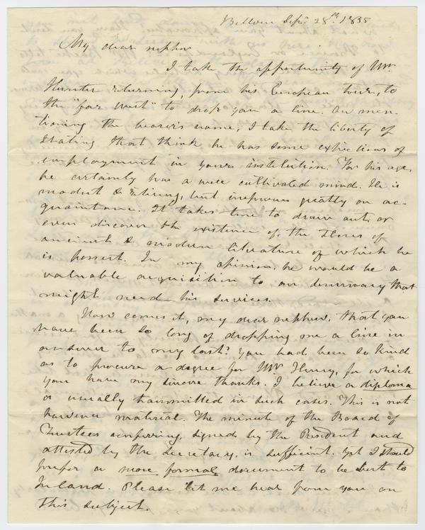 Samuel Brown Wylie to Andrew Wylie, 28 September 1835: Page 1 of 4